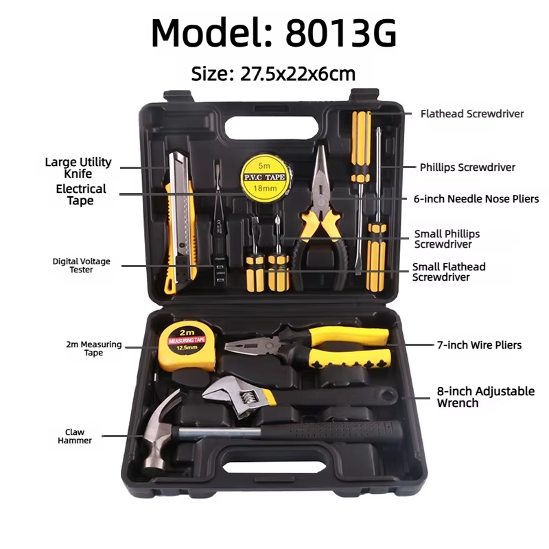 （8013G）Wholesale 8012J Household Hand Tool Set, 12-in-1 Durable Home Repair Tools Kit with Portable Plastic Toolbox for Home & Office Use