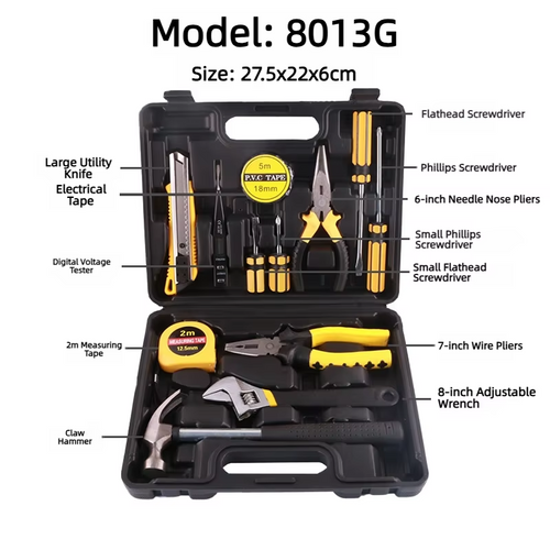 （8013G）Wholesale 8012J Household Hand Tool Set, 12-in-1 Durable Home Repair Tools Kit with Portable Plastic Toolbox for Home & Office Use