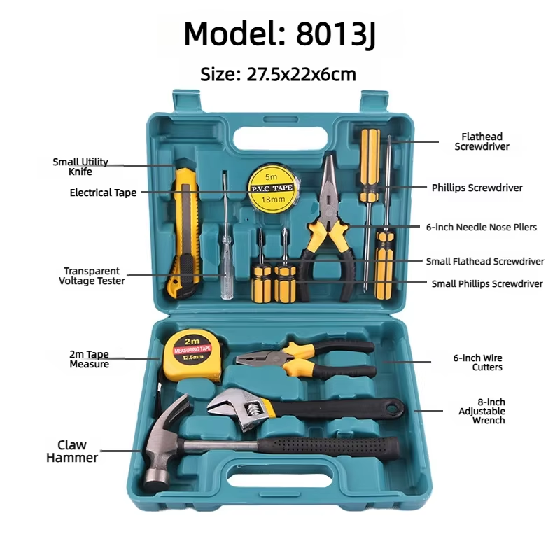 （8013J）12-Piece Household Hand Tool Kit with Plastic Storage Box | Durable Home Repair Tool Set for Daily Maintenance