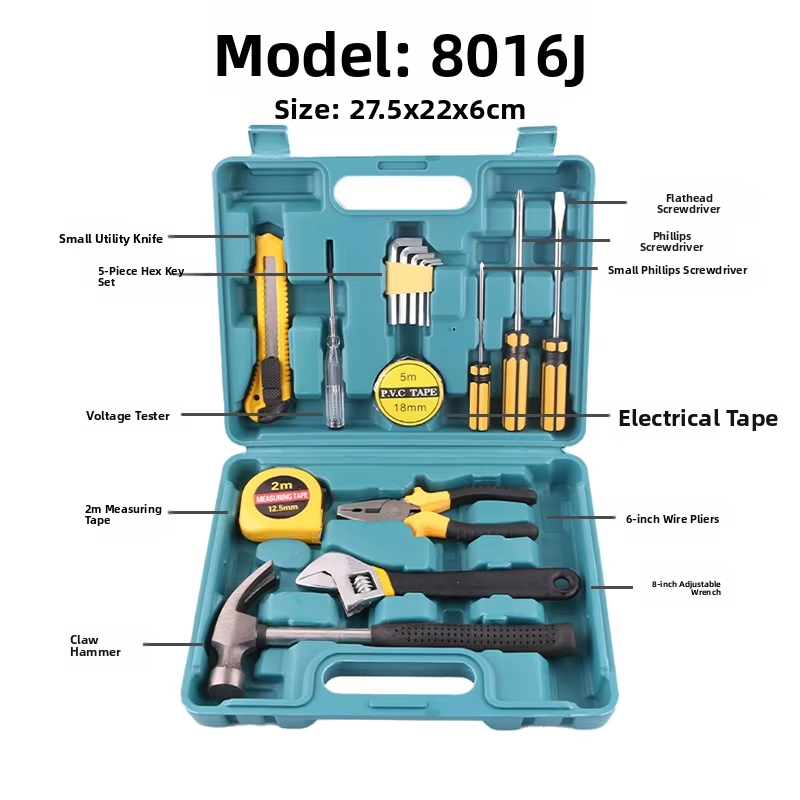 （8016J）15-Piece Household Hand Tool Kit with Plastic Storage Box | Durable Home Repair Tool Set for Daily Maintenance