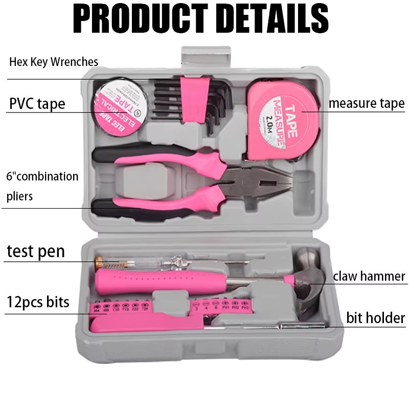 （8511C） 17-Piece Pink Household Hand Tool Kit with Storage Box | Durable Home Repair Tool Set with Multi-Bits