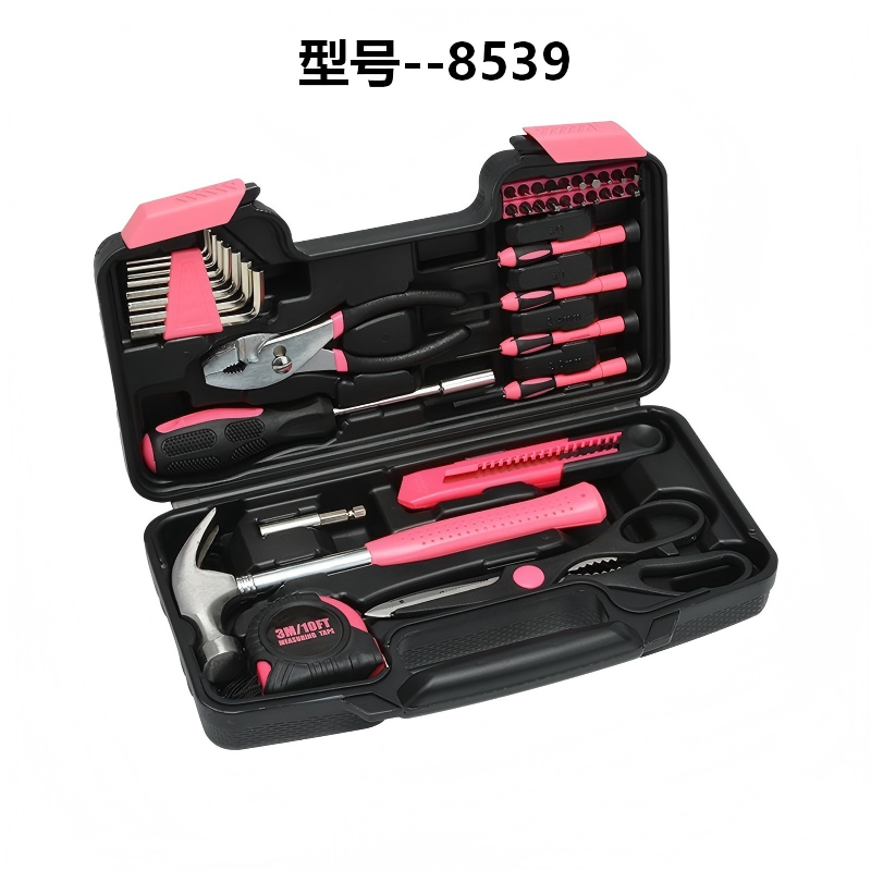 （8539）39‑Piece Pink Household Hand Tool Kit with Portable Storage Case | Cute Ladies Home Repair Tool Set