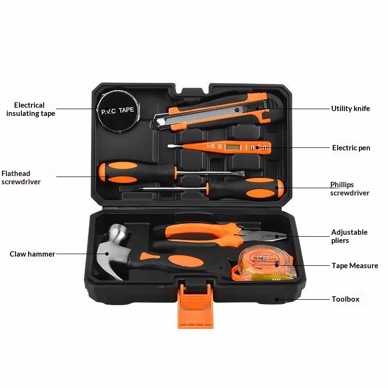 （8609）Wholesale 8609 Household Hand Tool Set, 8-in-1 Durable Home Repair Tools Kit with Hammer, Screwdrivers, Digital Voltage Tester & Portable Plastic Toolbox