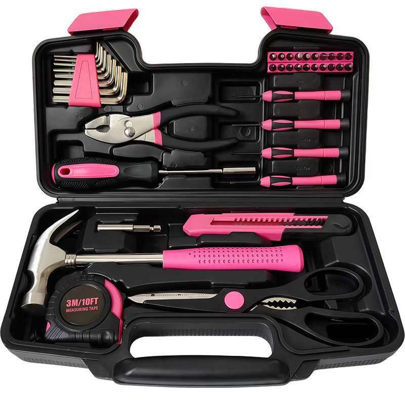 （8539）39‑Piece Pink Household Hand Tool Kit with Portable Storage Case | Cute Ladies Home Repair Tool Set