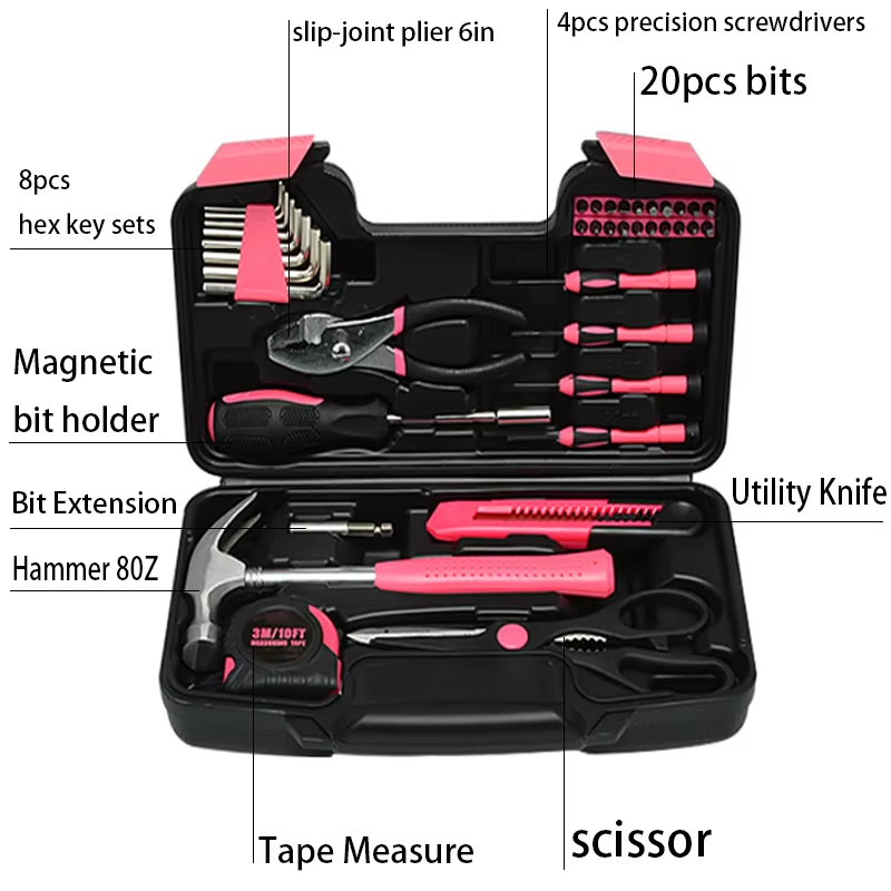 （8539）39‑Piece Pink Household Hand Tool Kit with Portable Storage Case | Cute Ladies Home Repair Tool Set