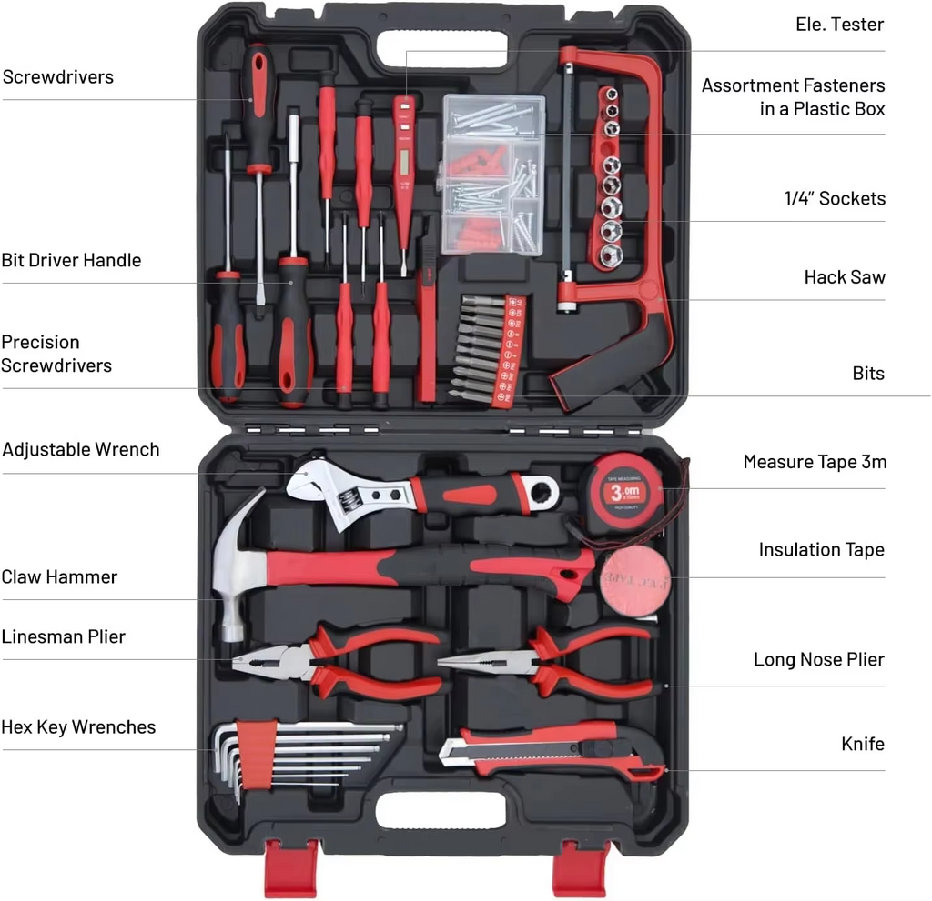 （88108） Wholesale Household Hand Tool Set, All‑in‑One Home Maintenance Kit with Hammer, Pliers, Wrenches, Screwdrivers & Portable Hard Case