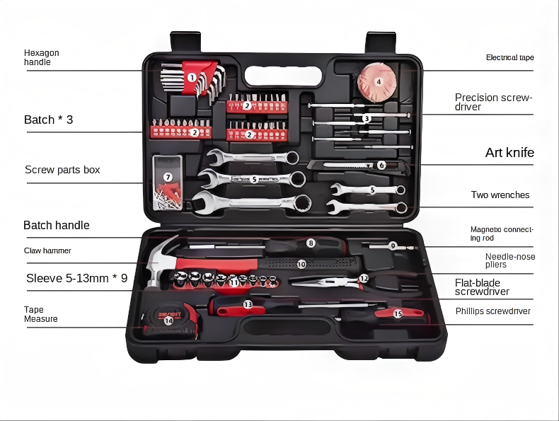 （86146）Multi‑Purpose Household Hand Tool Kit with Plastic Storage Box | Complete Home Repair Tool Set with Sockets & Wrenches